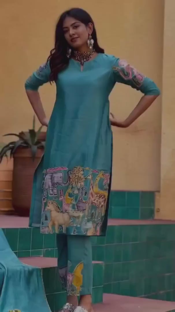 Sky Blue Cotton Kurta Set with Kalamkari Inspired Animal Motifs – Ethnic Wear for Women with Dupatta