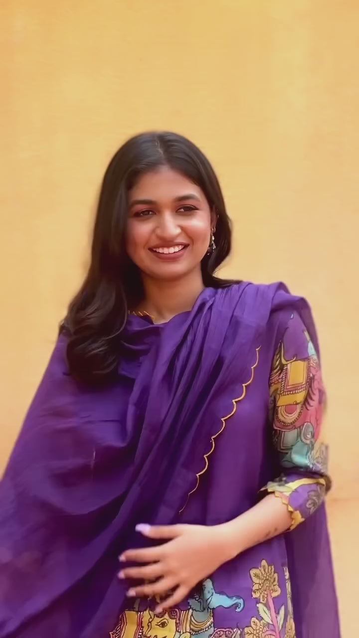 Purple Kalamkari Cotton Kurta Set with Dupatta – Deer & Elephant Motifs, Embroidered Lace Detailing