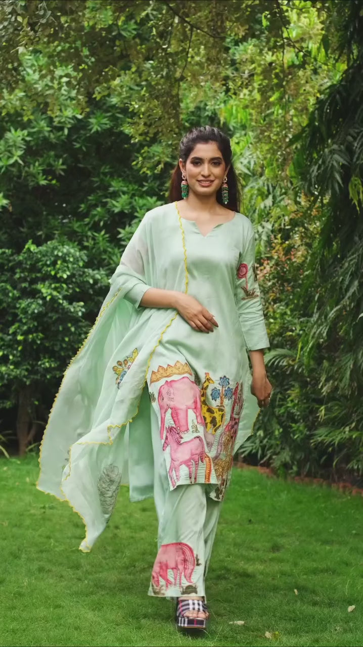 Pista Green Cotton Kurta Set with Handcrafted Kalamkari Animal & Floral Print – Ethnic Co-ord Set for Women